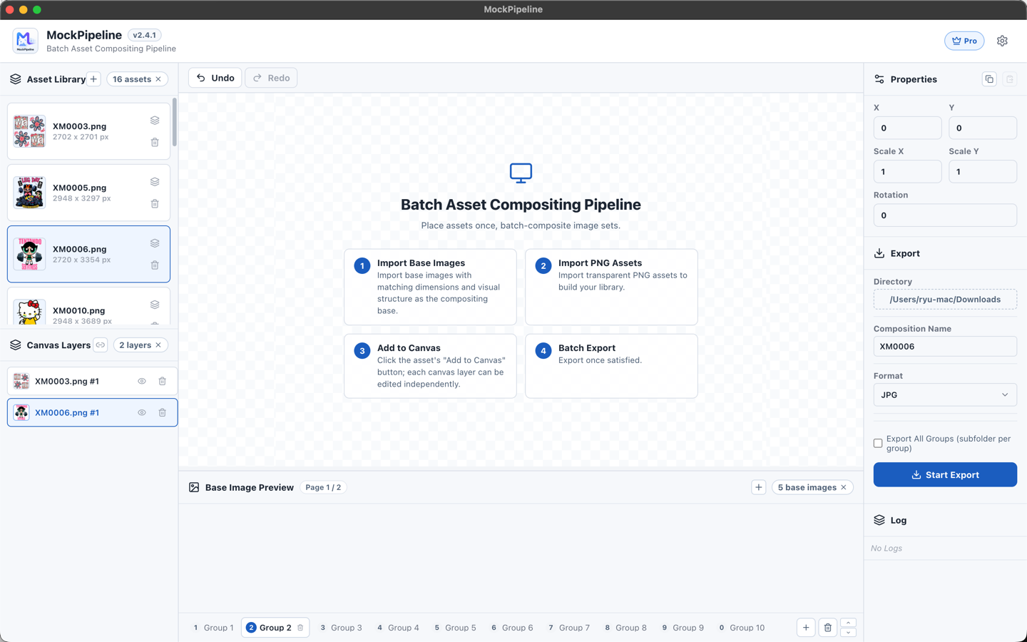 MockPipeline English screenshot showing grouped base-image previews and canvas editing